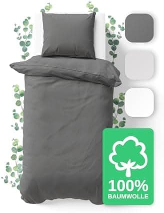JACOBSON Bettwäsche 135x200 – 100% Baumwolle Perkal, OEKO‑TEX, 2‑teilig (135x200 + 80x80) mit Reißverschluss, Anthrazit
