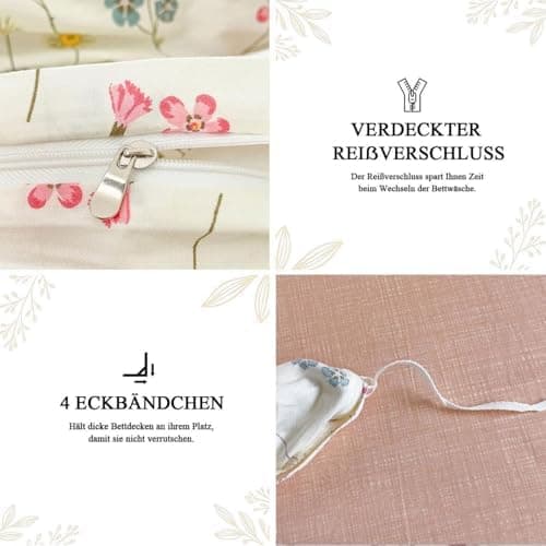 Freyamy Bettwäsche 135x200 cm – 2‑teilig Baumwolle, Floral (Weiß/Rosa/Grün) inkl. Kissenbezug 80x80 cm