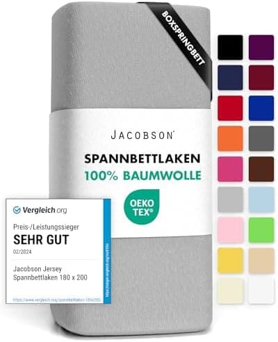 Jacobson Jersey-Spannbettlaken aus Baumwolle – OEKO-TEX STANDARD 100, 180x200–200x200 cm, Weiß