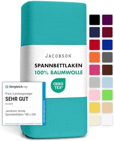 Jacobson Jersey-Spannbettlaken aus Baumwolle – OEKO-TEX STANDARD 100, 180x200–200x200 cm, Weiß