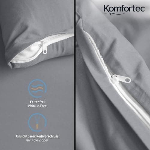 Komfortec Bettwäsche 2‑teilig (Bettbezug 155x220 + Kissenbezug 80x80) – superweiche gebürstete 100% Mikrofaser, Grau, OE
