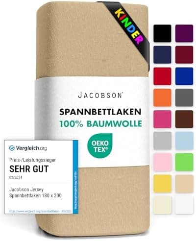 Jacobson Jersey-Spannbettlaken aus Baumwolle – OEKO-TEX STANDARD 100, 180x200–200x200 cm, Weiß