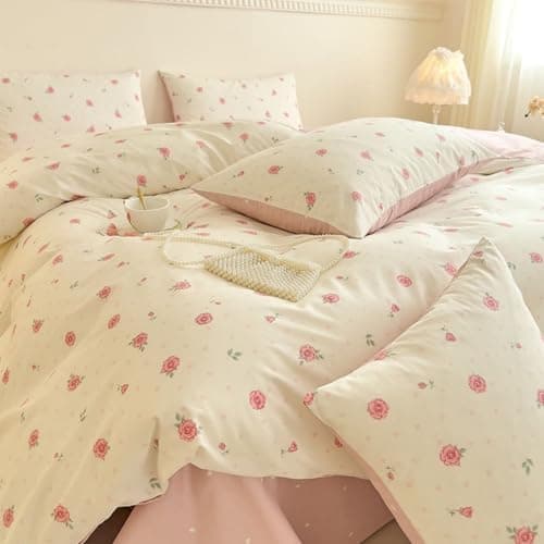 Freyamy Bettwäsche 135x200 cm – 2‑teilig Baumwolle, Floral (Weiß/Rosa/Grün) inkl. Kissenbezug 80x80 cm