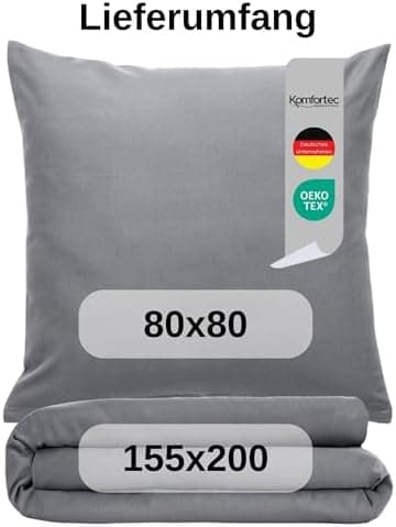Komfortec Bettwäsche 2‑teilig (Bettbezug 155x220 + Kissenbezug 80x80) – superweiche gebürstete 100% Mikrofaser, Grau, OE