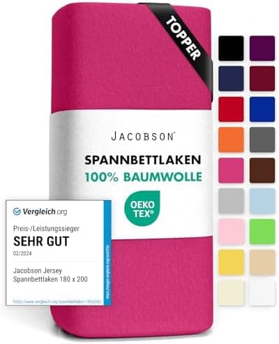 Jacobson Jersey-Spannbettlaken aus Baumwolle – OEKO-TEX STANDARD 100, 180x200–200x200 cm, Weiß