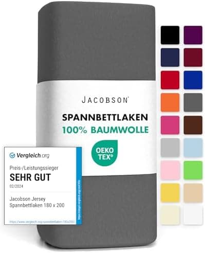 Jacobson Jersey-Spannbettlaken aus Baumwolle – OEKO-TEX STANDARD 100, 180x200–200x200 cm, Weiß