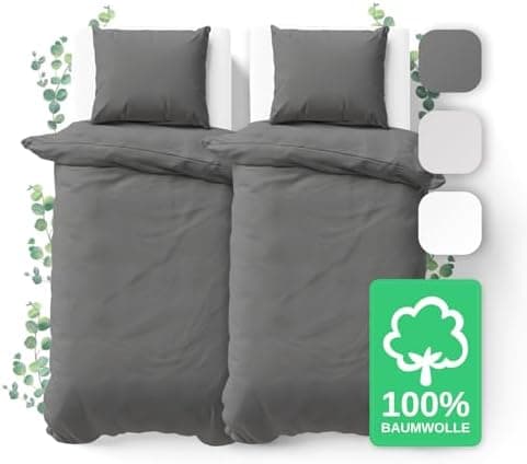 JACOBSON Bettwäsche 135x200 – 100% Baumwolle Perkal, OEKO‑TEX, 2‑teilig (135x200 + 80x80) mit Reißverschluss, Anthrazit