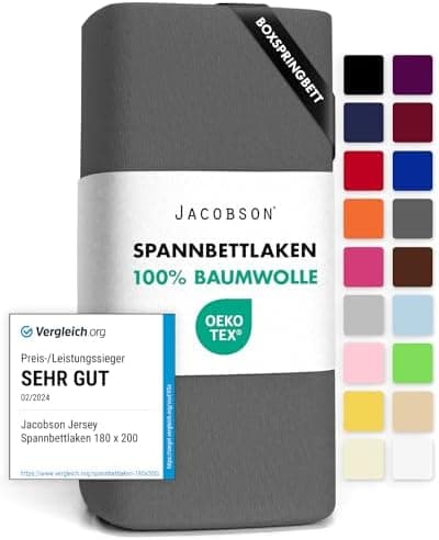 Jacobson Jersey-Spannbettlaken aus Baumwolle – OEKO-TEX STANDARD 100, 180x200–200x200 cm, Weiß