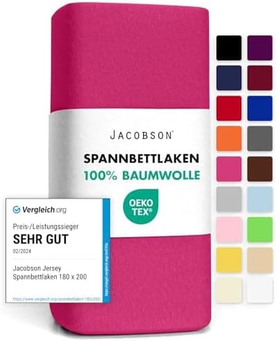 Jacobson Jersey-Spannbettlaken aus Baumwolle – OEKO-TEX STANDARD 100, 180x200–200x200 cm, Weiß