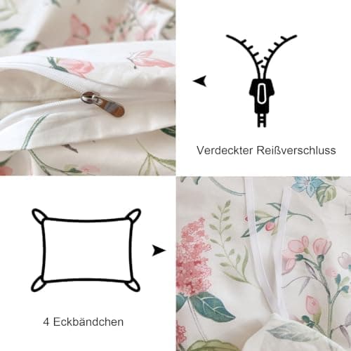 Freyamy Bettwäsche 135x200 cm – 2‑teilig Baumwolle, Floral (Weiß/Rosa/Grün) inkl. Kissenbezug 80x80 cm
