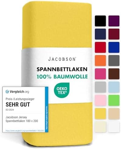 Jacobson Jersey-Spannbettlaken aus Baumwolle – OEKO-TEX STANDARD 100, 180x200–200x200 cm, Weiß
