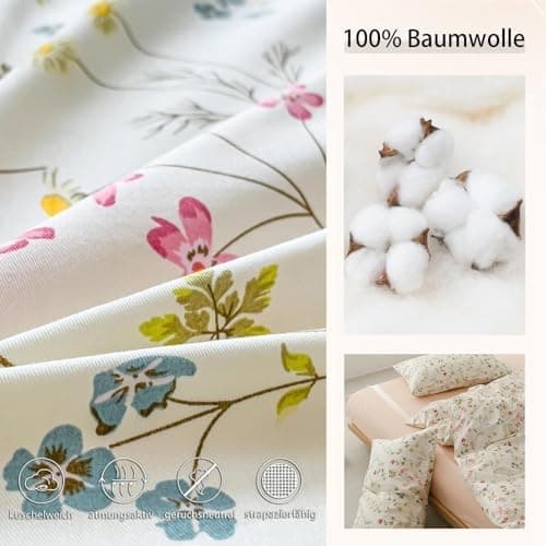 Freyamy Bettwäsche 135x200 cm – 2‑teilig Baumwolle, Floral (Weiß/Rosa/Grün) inkl. Kissenbezug 80x80 cm