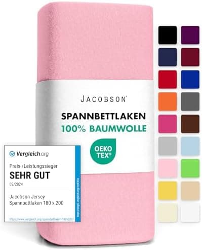 Jacobson Jersey-Spannbettlaken aus Baumwolle – OEKO-TEX STANDARD 100, 180x200–200x200 cm, Weiß