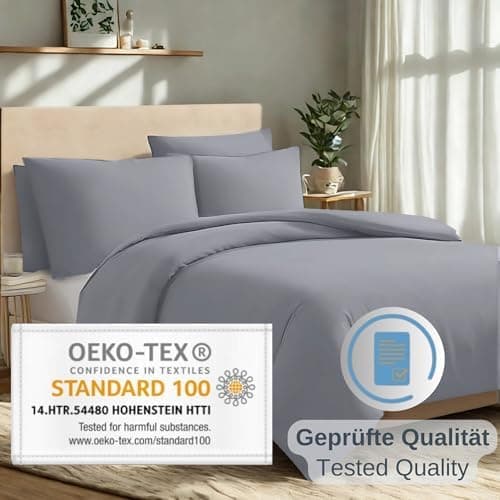 Komfortec Bettwäsche 2‑teilig (Bettbezug 155x220 + Kissenbezug 80x80) – superweiche gebürstete 100% Mikrofaser, Grau, OE