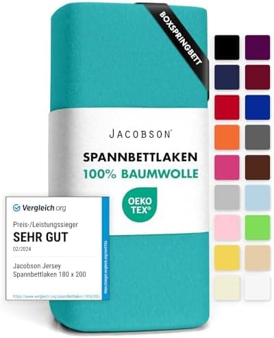 Jacobson Jersey-Spannbettlaken aus Baumwolle – OEKO-TEX STANDARD 100, 180x200–200x200 cm, Weiß