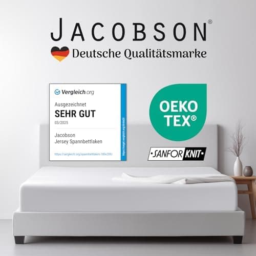Jacobson Premium Spannbettlaken Jersey 200 g/m² – XL Überlänge für Matratzengrößen 140×200–160×220 cm, Natur