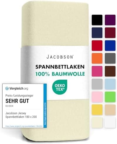 Jacobson Jersey-Spannbettlaken aus Baumwolle – OEKO-TEX STANDARD 100, 180x200–200x200 cm, Weiß