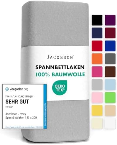 Jacobson Jersey-Spannbettlaken aus Baumwolle – OEKO-TEX STANDARD 100, 180x200–200x200 cm, Weiß