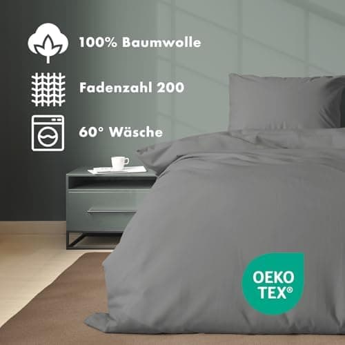 JACOBSON Bettwäsche 135x200 – 100% Baumwolle Perkal, OEKO‑TEX, 2‑teilig (135x200 + 80x80) mit Reißverschluss, Anthrazit
