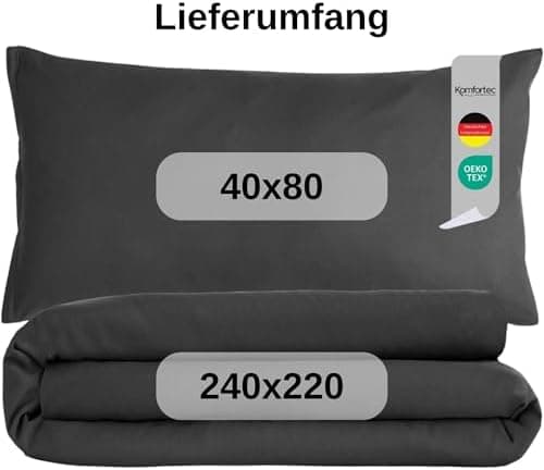 Komfortec Bettwäsche 2‑teilig (Bettbezug 155x220 + Kissenbezug 80x80) – superweiche gebürstete 100% Mikrofaser, Grau, OE