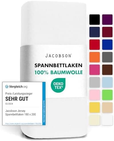 Jacobson Jersey-Spannbettlaken aus Baumwolle – OEKO-TEX STANDARD 100, 180x200–200x200 cm, Weiß