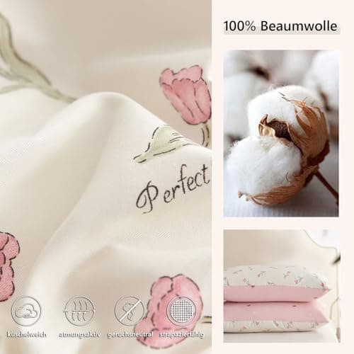 Freyamy Bettwäsche 135x200 cm – 2‑teilig Baumwolle, Floral (Weiß/Rosa/Grün) inkl. Kissenbezug 80x80 cm