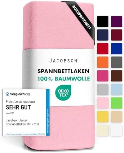 Jacobson Jersey-Spannbettlaken aus Baumwolle – OEKO-TEX STANDARD 100, 180x200–200x200 cm, Weiß