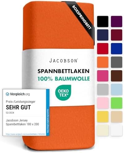Jacobson Jersey-Spannbettlaken aus Baumwolle – OEKO-TEX STANDARD 100, 180x200–200x200 cm, Weiß