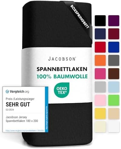 Jacobson Jersey-Spannbettlaken aus Baumwolle – OEKO-TEX STANDARD 100, 180x200–200x200 cm, Weiß