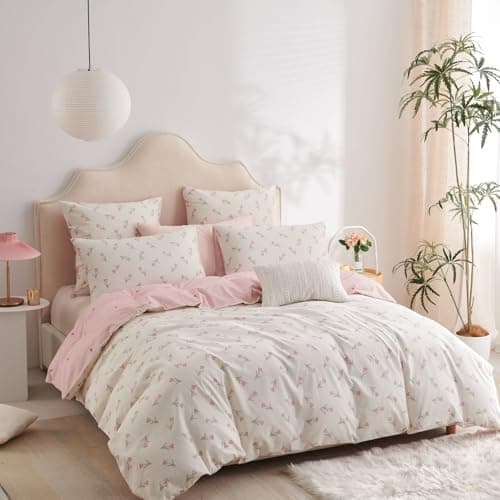 Freyamy Bettwäsche 135x200 cm – 2‑teilig Baumwolle, Floral (Weiß/Rosa/Grün) inkl. Kissenbezug 80x80 cm