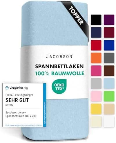 Jacobson Jersey-Spannbettlaken aus Baumwolle – OEKO-TEX STANDARD 100, 180x200–200x200 cm, Weiß