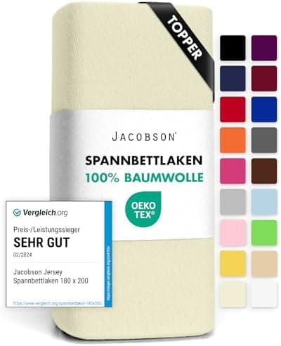 Jacobson Jersey-Spannbettlaken aus Baumwolle – OEKO-TEX STANDARD 100, 180x200–200x200 cm, Weiß