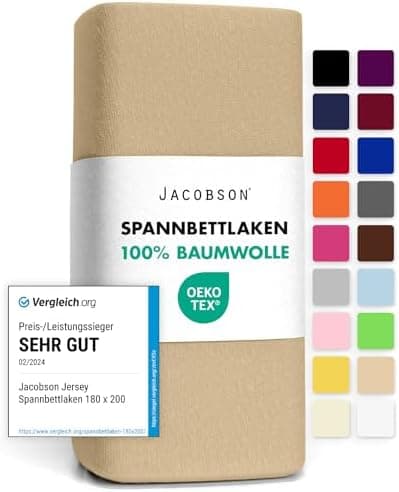 Jacobson Jersey-Spannbettlaken aus Baumwolle – OEKO-TEX STANDARD 100, 180x200–200x200 cm, Weiß
