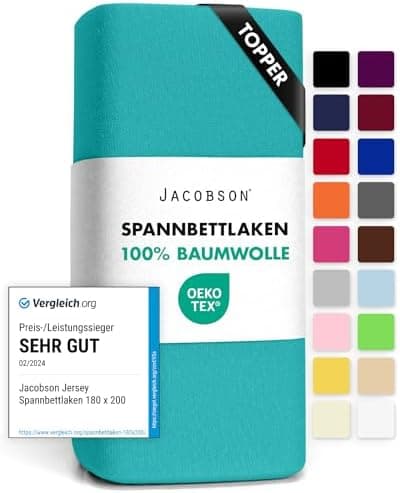 Jacobson Jersey-Spannbettlaken aus Baumwolle – OEKO-TEX STANDARD 100, 180x200–200x200 cm, Weiß