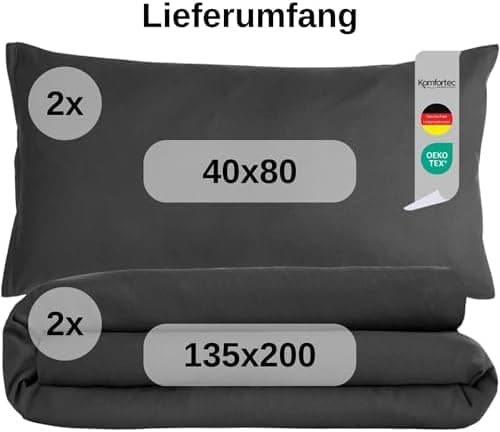 Komfortec Bettwäsche 2‑teilig (Bettbezug 155x220 + Kissenbezug 80x80) – superweiche gebürstete 100% Mikrofaser, Grau, OE