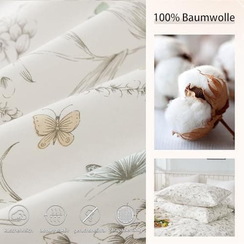 Freyamy Bettwäsche 135x200 cm – 2‑teilig Baumwolle, Floral (Weiß/Rosa/Grün) inkl. Kissenbezug 80x80 cm