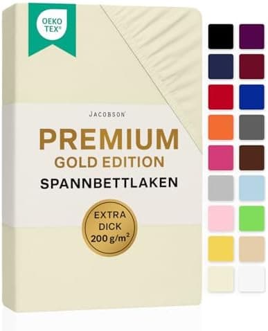 Jacobson Premium Spannbettlaken Jersey 200 g/m² – XL Überlänge für Matratzengrößen 140×200–160×220 cm, Natur