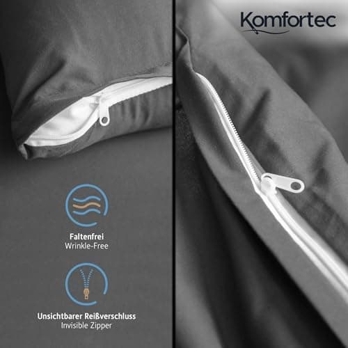 Komfortec Bettwäsche 2‑teilig (Bettbezug 155x220 + Kissenbezug 80x80) – superweiche gebürstete 100% Mikrofaser, Grau, OE