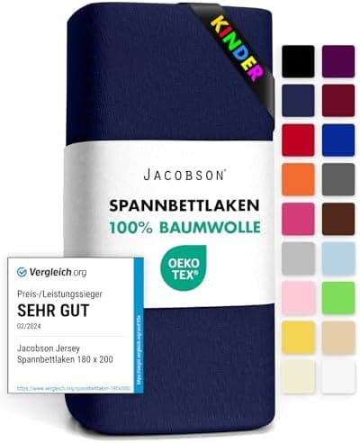 Jacobson Jersey-Spannbettlaken aus Baumwolle – OEKO-TEX STANDARD 100, 180x200–200x200 cm, Weiß