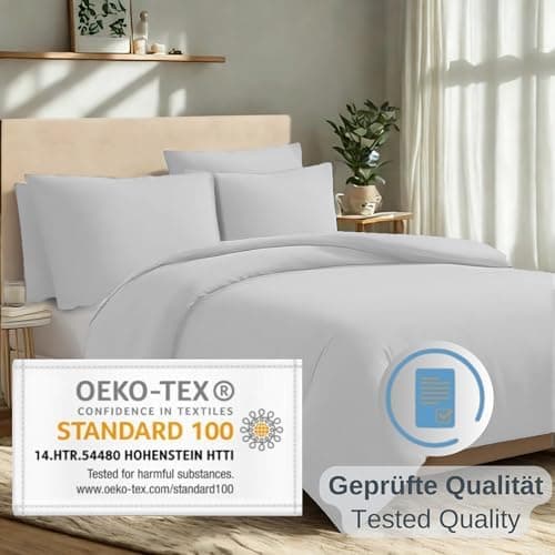 Komfortec Bettwäsche 2‑teilig (Bettbezug 155x220 + Kissenbezug 80x80) – superweiche gebürstete 100% Mikrofaser, Grau, OE