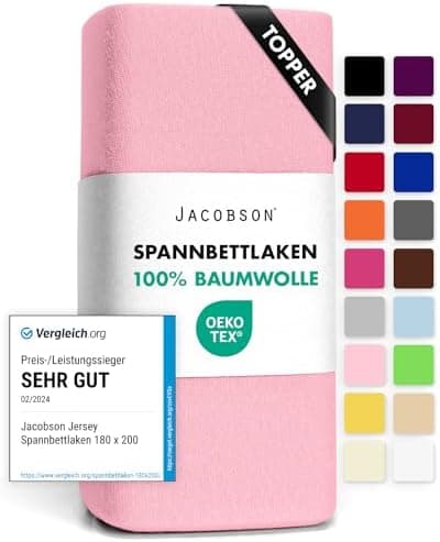 Jacobson Jersey-Spannbettlaken aus Baumwolle – OEKO-TEX STANDARD 100, 180x200–200x200 cm, Weiß