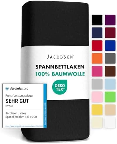 Jacobson Jersey-Spannbettlaken aus Baumwolle – OEKO-TEX STANDARD 100, 180x200–200x200 cm, Weiß