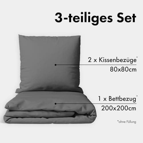 JACOBSON Bettwäsche 135x200 – 100% Baumwolle Perkal, OEKO‑TEX, 2‑teilig (135x200 + 80x80) mit Reißverschluss, Anthrazit