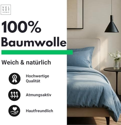 Bettwäsche 155x220 Baumwolle Jeans Blau – 2-teilig mit Reißverschluss, Bettbezug 155x220 + Kissenbezug 80x80