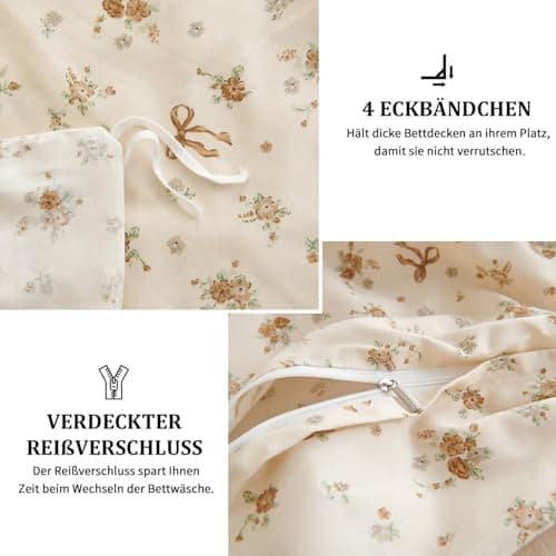 Freyamy Bettwäsche 135x200 cm – 2‑teilig Baumwolle, Floral (Weiß/Rosa/Grün) inkl. Kissenbezug 80x80 cm