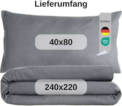 Komfortec Bettwäsche 2‑teilig (Bettbezug 155x220 + Kissenbezug 80x80) – superweiche gebürstete 100% Mikrofaser, Grau, OE