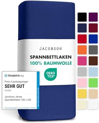 Jacobson Jersey-Spannbettlaken aus Baumwolle – OEKO-TEX STANDARD 100, 180x200–200x200 cm, Weiß