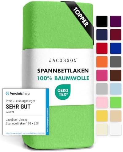 Jacobson Jersey-Spannbettlaken aus Baumwolle – OEKO-TEX STANDARD 100, 180x200–200x200 cm, Weiß