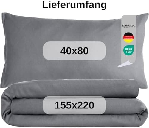 Komfortec Bettwäsche 2‑teilig (Bettbezug 155x220 + Kissenbezug 80x80) – superweiche gebürstete 100% Mikrofaser, Grau, OE
