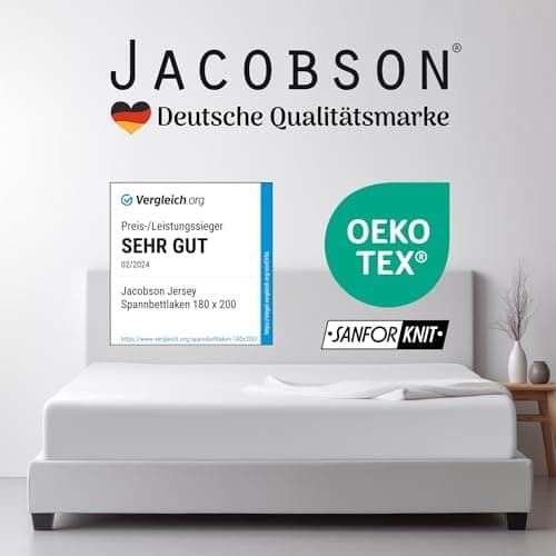 Jacobson Jersey-Spannbettlaken aus Baumwolle – OEKO-TEX STANDARD 100, 180x200–200x200 cm, Weiß